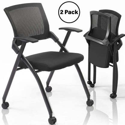 Cotinse 2 Pack Folding Office Chair Stackable Conference Room Chairs with Wheels and Padded Mesh Back Ergonomic for Reception Meeting