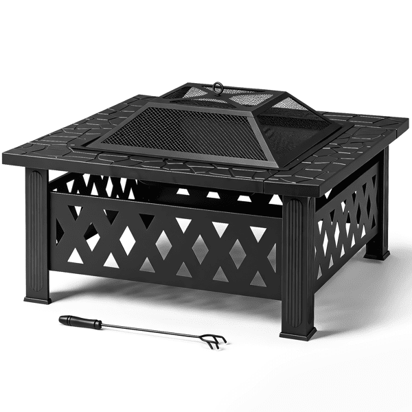 COTINSE 32" Fire Pit for Outside, Square Wood Burning Outdoor Firepit with Mesh Spark Screen and Fire Poker for Patio, Backyard, Camping and Bonfire, Black
