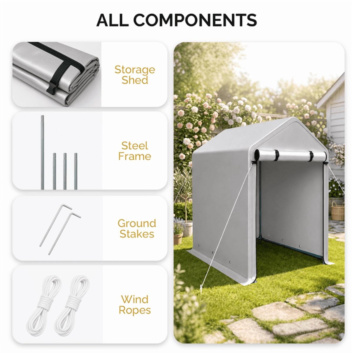 COTINSE 3x6 FT Outdoor Storage Shed, Waterproof Portable Bike Storage Tent with Roll-Up Zipper Door, 2 Windows, Heavy Duty Frame and Ground Stakes for Bicycles, Garden Tools and Firewood