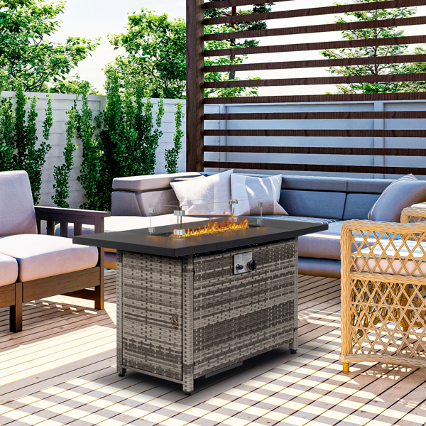 COTINSE 43" Propane Fire Pit Table, 50,000 BTU Outdoor Gas Fire Table with Glass Wind Guard, Lid, Lava Rocks and Wicker Base for Patio, Backyard and Garden, Gray