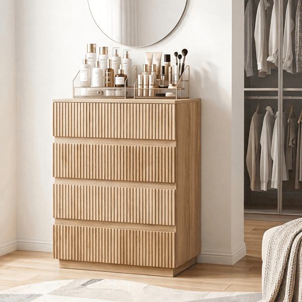 COTINSE 4-Drawer Dresser, Oak Handleless Nightstand with Grille Fronts, Engineered Wood Storage Cabinet for Bedroom, 23.62 in Wide