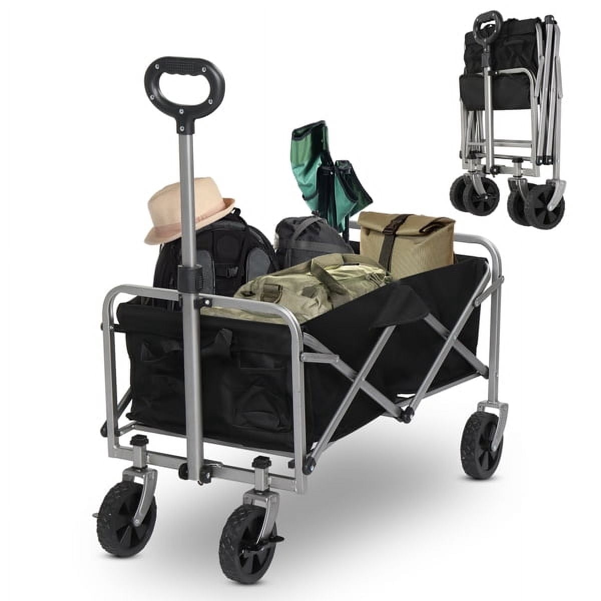 Cotinse Collapsible Garden Folding Cart, 220lbs Capacity Utility Wagon with 600D Oxford Cloth & Steel Frame, Portable Flat Folding Trolley, Black
