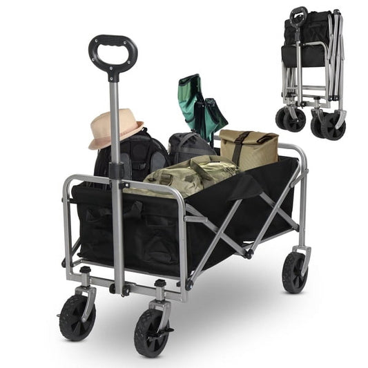Cotinse Collapsible Garden Folding Cart, 220lbs Capacity Utility Wagon with 600D Oxford Cloth & Steel Frame, Portable Flat Folding Trolley, Black