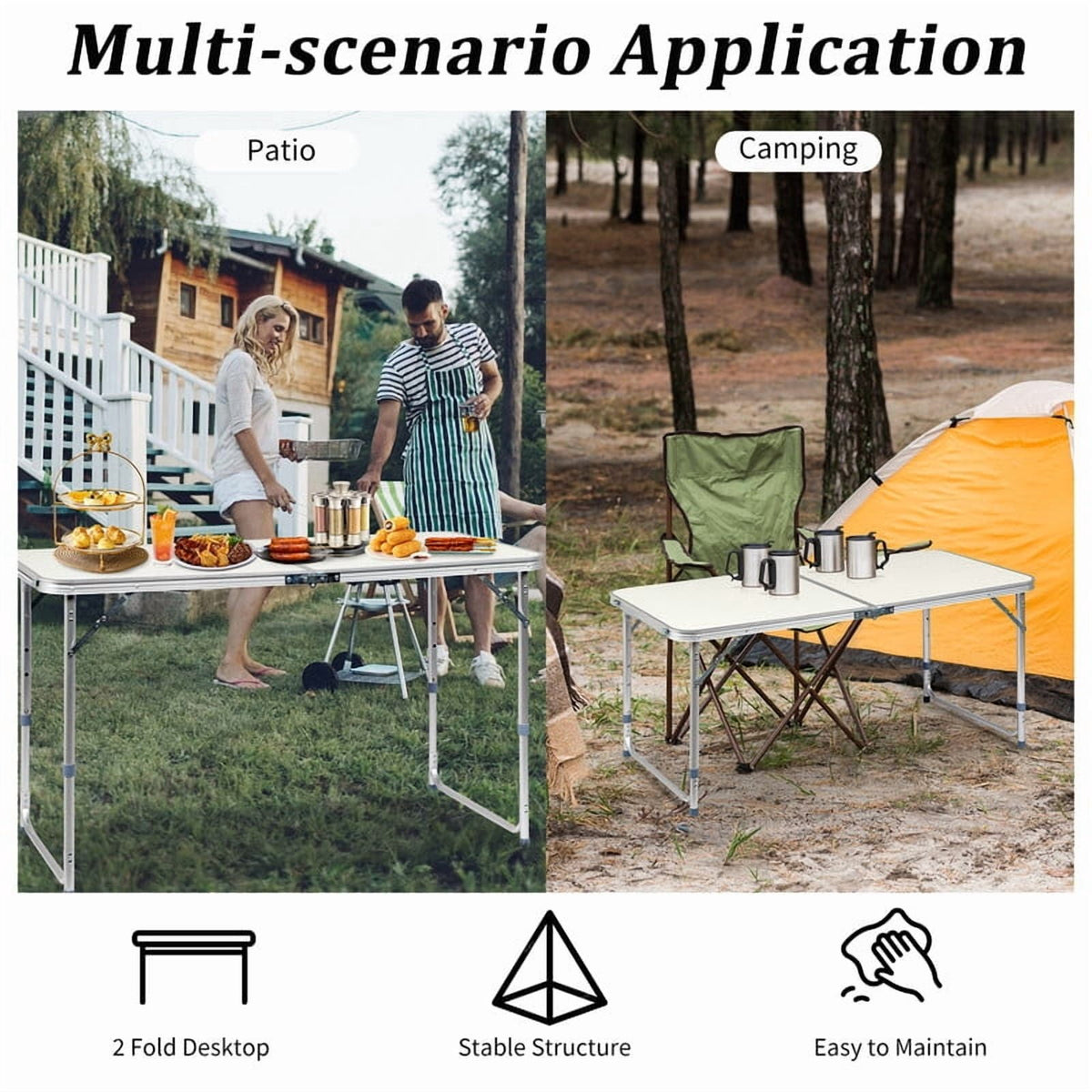 COTINSE 4 FT Adjustable Height Aluminum Folding Table with Carry Handle, Portable Camping Picnic Dining Table for Indoor Outdoor Party, Beige