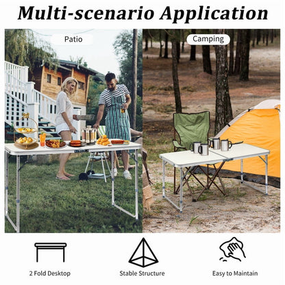COTINSE 4 FT Adjustable Height Aluminum Folding Table with Carry Handle, Portable Camping Picnic Dining Table for Indoor Outdoor Party, Beige