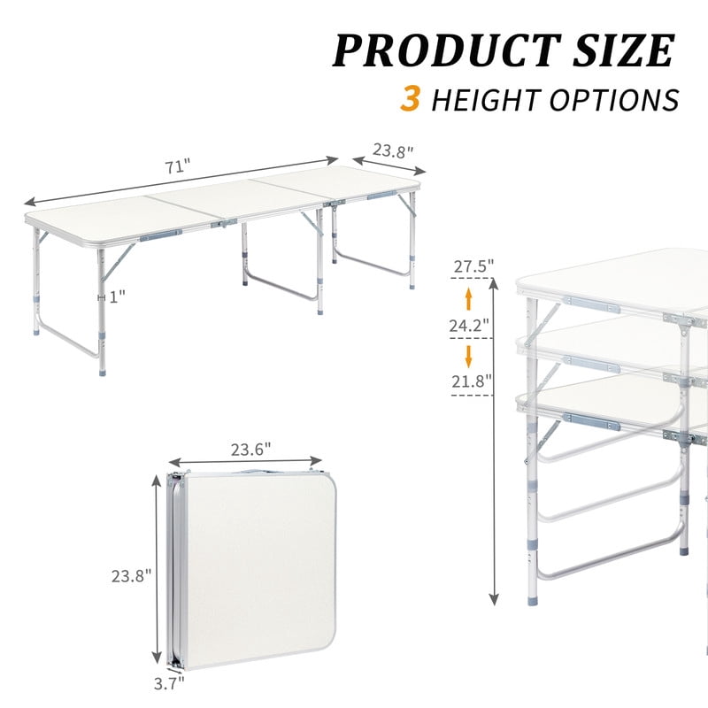 COTINSE 6 FT Adjustable Height Aluminum Folding Table with Carry Handle, Portable Camping Picnic Dining Table for Party Indoor Outdoor Use, Beige
