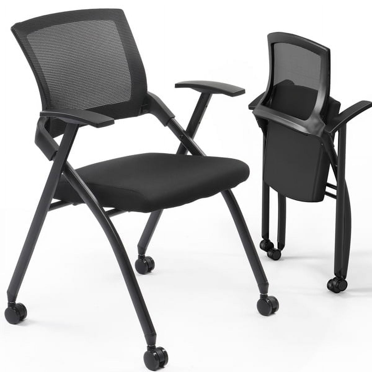 Cotinse 2 Pack Folding Office Chair Stackable Conference Room Chairs with Wheels and Padded Mesh Back Ergonomic for Reception Meeting