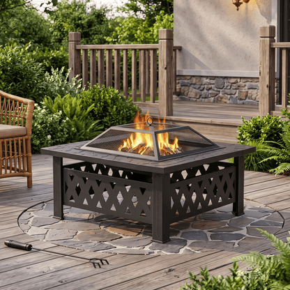 COTINSE 32" Fire Pit for Outside, Square Wood Burning Outdoor Firepit with Mesh Spark Screen and Fire Poker for Patio, Backyard, Camping and Bonfire, Black