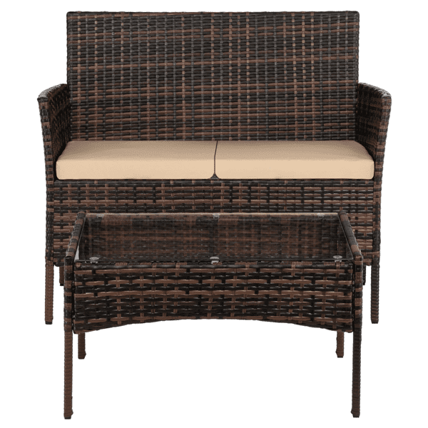 COTINSE 4 Piece Patio Conversation Set, Outdoor PE Rattan Wicker Furniture Set with 2 Armchairs, Loveseat, Tempered Glass Coffee Table & Cushions, Brown