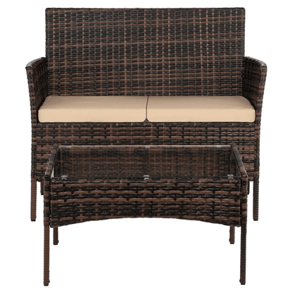 COTINSE 4 Piece Patio Conversation Set, Outdoor PE Rattan Wicker Furniture Set with 2 Armchairs, Loveseat, Tempered Glass Coffee Table & Cushions, Brown
