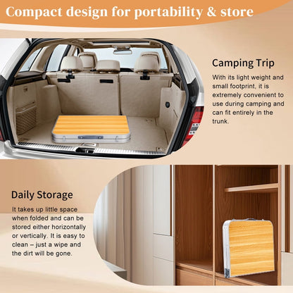 COTINSE 3 FT Adjustable Height Aluminum Folding Table with Carry Handle, Portable Camping Picnic Dining Table for Indoor Outdoor Use, Woodgrain