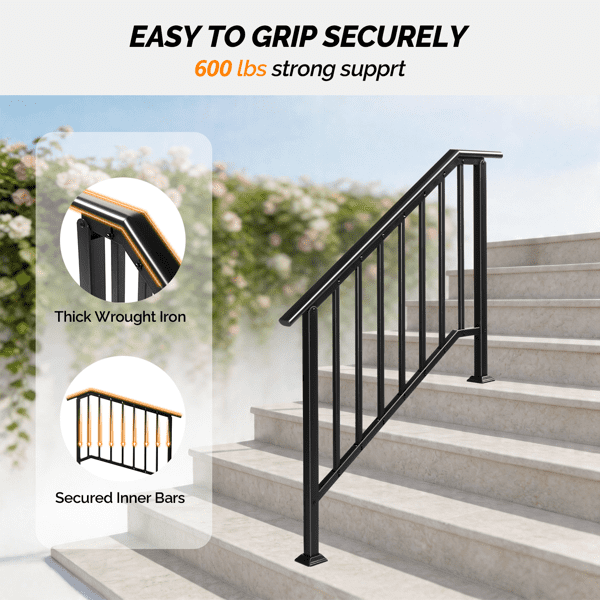 COTINSE Heavy-Duty Wrought Iron Handrails for Outdoor Steps, Fits 3 to 4 Steps, 600lbs Support Metal Stair Railing for Concrete or Wood,Black