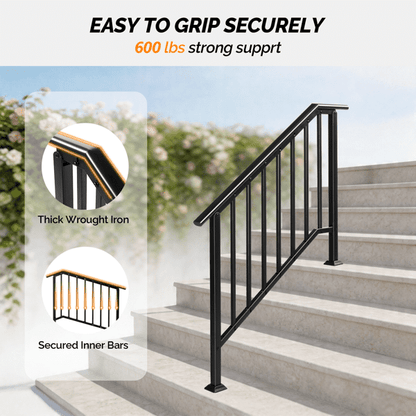 COTINSE Heavy-Duty Wrought Iron Handrails for Outdoor Steps, Fits 3 to 4 Steps, 600lbs Support Metal Stair Railing for Concrete or Wood,Black