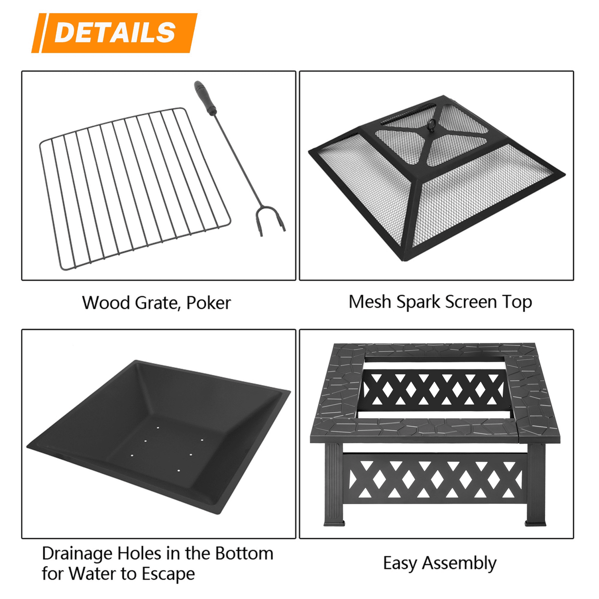 COTINSE 32" Fire Pit for Outside, Square Wood Burning Outdoor Firepit with Mesh Spark Screen and Fire Poker for Patio, Backyard, Camping and Bonfire, Black