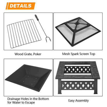 COTINSE 32" Fire Pit for Outside, Square Wood Burning Outdoor Firepit with Mesh Spark Screen and Fire Poker for Patio, Backyard, Camping and Bonfire, Black