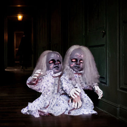 COTINSE 2.8 FT Animatronic Twin Girls Halloween Decoration with Light-Up Eyes, Creepy Sounds & Swaying Bodies, Battery Powered