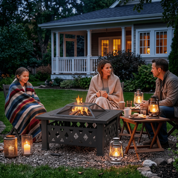 COTINSE 32" Fire Pit for Outside, Square Wood Burning Outdoor Firepit with Mesh Spark Screen and Fire Poker for Patio, Backyard, Camping and Bonfire, Black