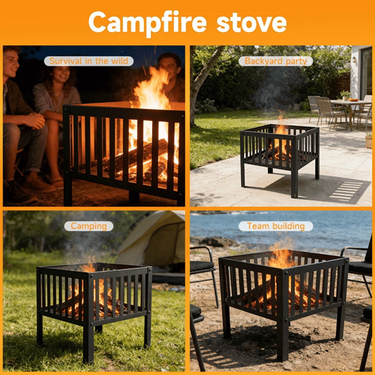 Cotinse Outdoor Fire Pit, 16" Firepit, Segmart Wood Burning Fire Pit, Fire Pits for Outside, Fire Pit Table, Square Metal Firepit Table For Outside Patio, Black