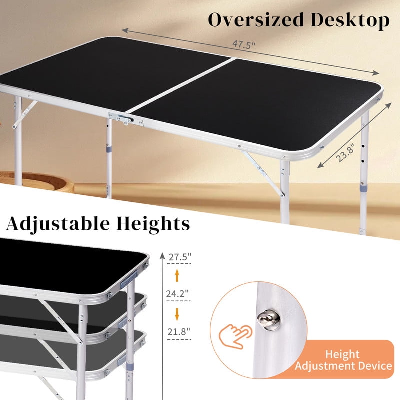 COTINSE 4 FT Adjustable Height Aluminum Folding Table with Carry Handle, Portable Camping Picnic Dining Table for Indoor Outdoor Party, Black