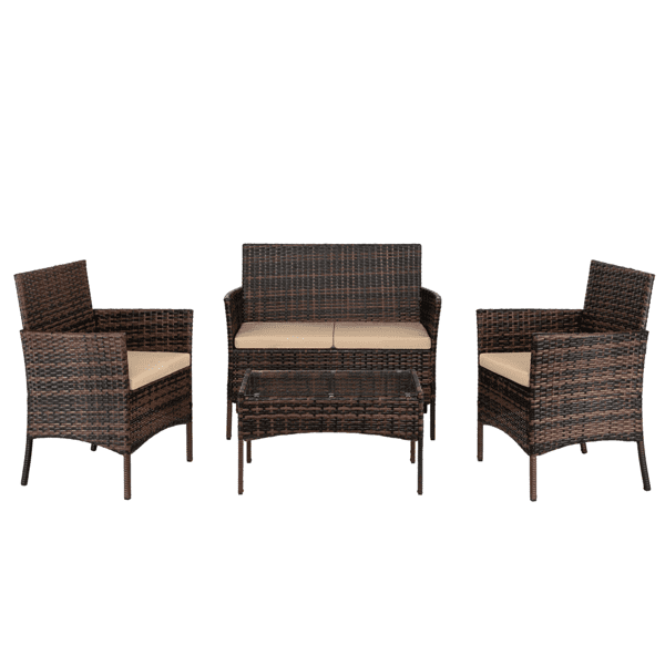 COTINSE 4 Piece Patio Conversation Set, Outdoor PE Rattan Wicker Furniture Set with 2 Armchairs, Loveseat, Tempered Glass Coffee Table & Cushions, Brown