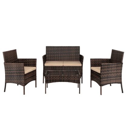 COTINSE 4 Piece Patio Conversation Set, Outdoor PE Rattan Wicker Furniture Set with 2 Armchairs, Loveseat, Tempered Glass Coffee Table & Cushions, Brown