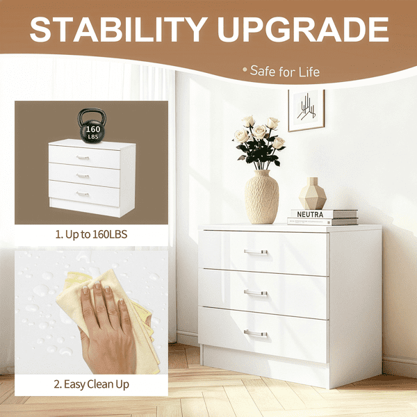 COTINSE 3-Drawer Dresser, White Nightstand Bedside Table, Wide Storage Cabinet with Drawers for Bedroom, Living Room, Home Office