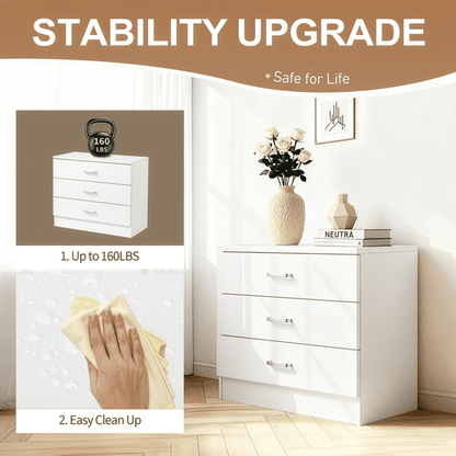 COTINSE 3-Drawer Dresser, White Nightstand Bedside Table, Wide Storage Cabinet with Drawers for Bedroom, Living Room, Home Office