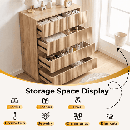 COTINSE 4-Drawer Dresser, Oak Handleless Nightstand with Grille Fronts, Engineered Wood Storage Cabinet for Bedroom, 23.62 in Wide