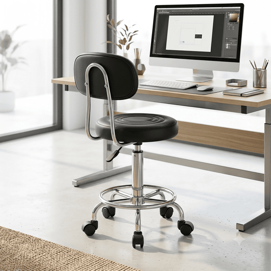 COTINSE Black Round Adjustable Salon Stool with Back, PU Leather Rolling Spa Task Chair with Chrome Base for Massage, Medical & Home Office