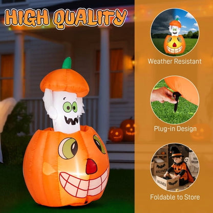COTINSE 33.6in Halloween Inflatable Pumpkin Ghost with Built-In LED Lights, Outdoor Blow Up Yard Decoration for Lawn, Garden and Party