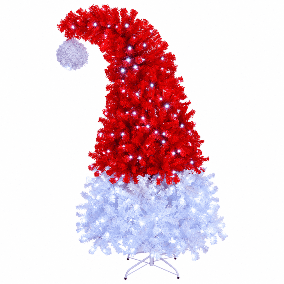 COTINSE 6 ft Pre-Lit Artificial Christmas Tree, Santa Hat Shape with 300 LED Lights, 8 Modes, 1050 Tips, Red and White