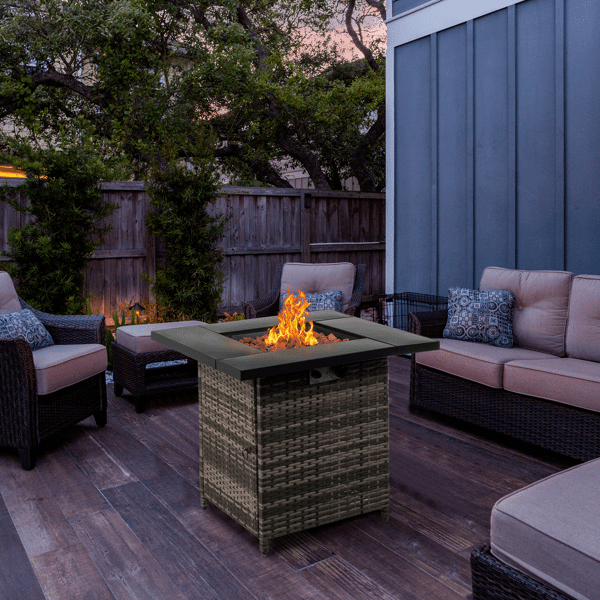 COTINSE 28" Propane Fire Pit Table, 50,000 BTU 2-in-1 Outdoor Gas Fire Table with Metal Lid, Lava Rocks, Pulse Ignition and Wicker Base for Patio Backyard Garden, Gray