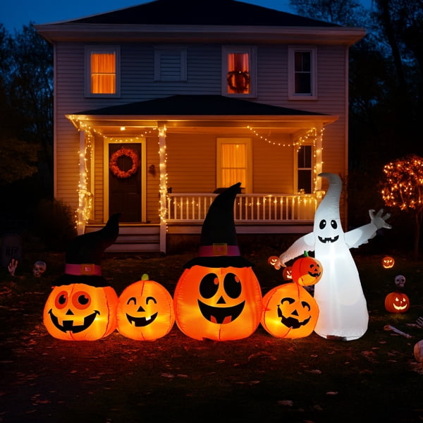 COTINSE 8 FT Halloween Inflatable Pumpkin Ghost Yard Decoration with Built-In LED Lights, Blow Up Outdoor Decor for Lawn, Garden and Party