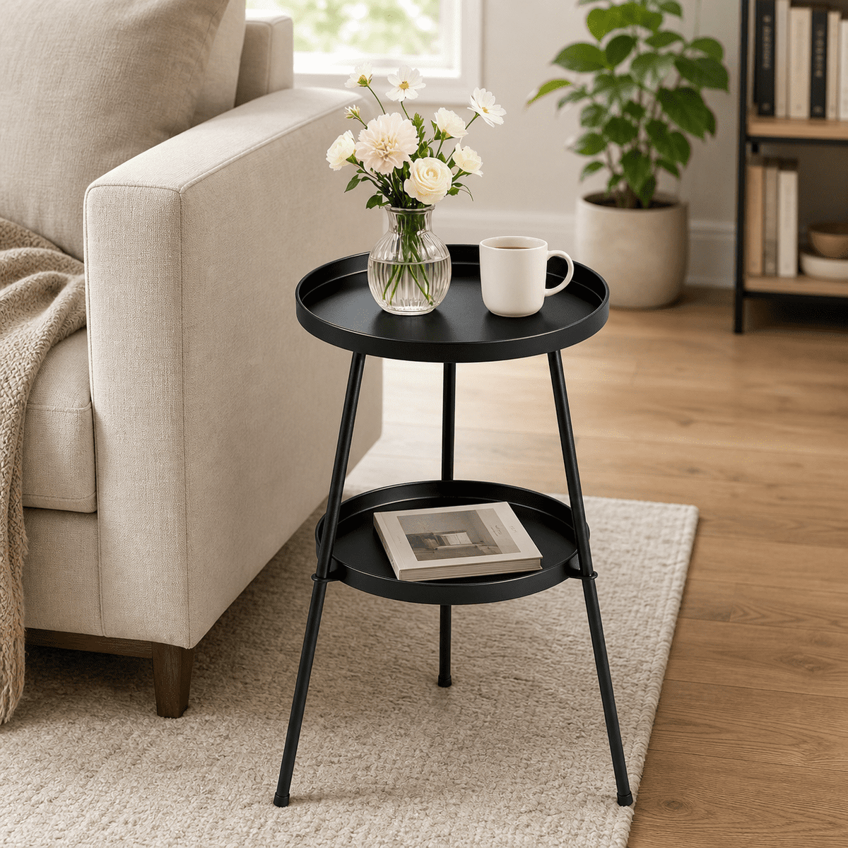 COTINSE Patio Round Small Side Table, Weather Resistant, 2 Tier Metal End Table for Small Spaces, Living Room, Bedroom, Balcony Yard, Black