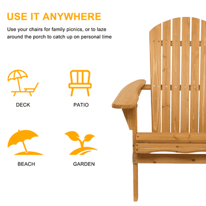 COTINSE Folding Adirondack Chair, Natural Fir Wood Outdoor Lounge Chair with Wide Armrests, Waterproof Coating for Patio, Porch, Garden and Beach, Natural