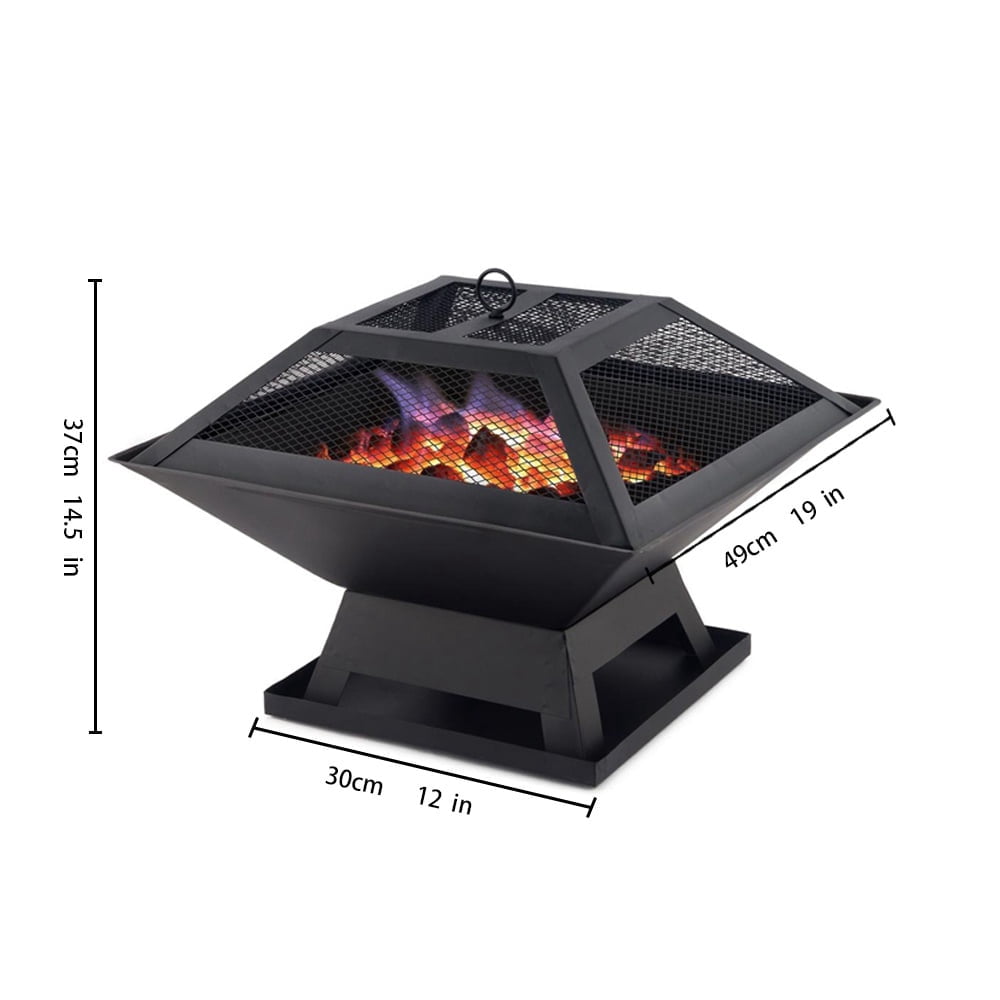 COTINSE 3-in-1 Square Fire Pit for Outside, 19-Inch Wood Burning Fireplace with BBQ Grill, Mesh Lid and Fire Poker, Black - image 4