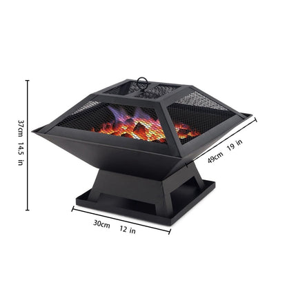 COTINSE 3-in-1 Square Fire Pit for Outside, 19-Inch Wood Burning Fireplace with BBQ Grill, Mesh Lid and Fire Poker, Black - image 4