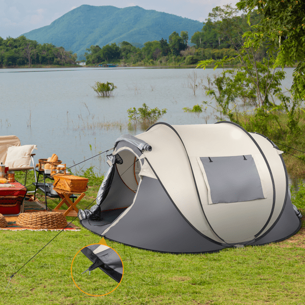 COTINSE Instant Pop Up Camping Tent, 4 Person Waterproof Family Tent with Front Awning, Dual Mesh Doors, Storage Pockets and Carry Bag for Camping, Traveling, Khaki