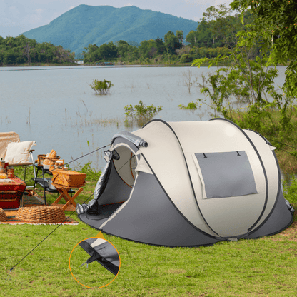 COTINSE Instant Pop Up Camping Tent, 4 Person Waterproof Family Tent with Front Awning, Dual Mesh Doors, Storage Pockets and Carry Bag for Camping, Traveling, Khaki