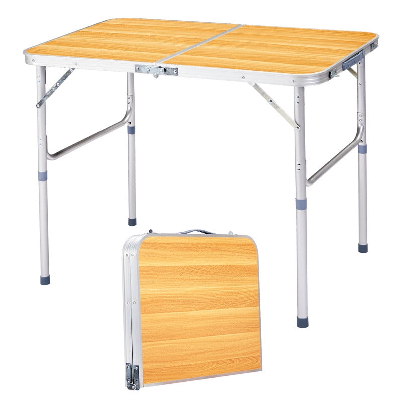 COTINSE 3 FT Adjustable Height Aluminum Folding Table with Carry Handle, Portable Camping Picnic Dining Table for Indoor Outdoor Use, Woodgrain
