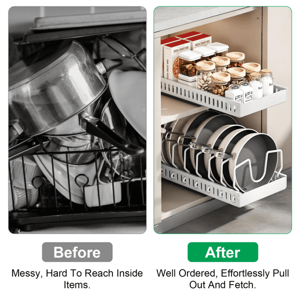 COTINSE Pull Out Pots and Pans Organizer for Cabinet, Sliding Carbon Steel Lid Rack with 8 Adjustable Dividers, 44 lb Capacity, White