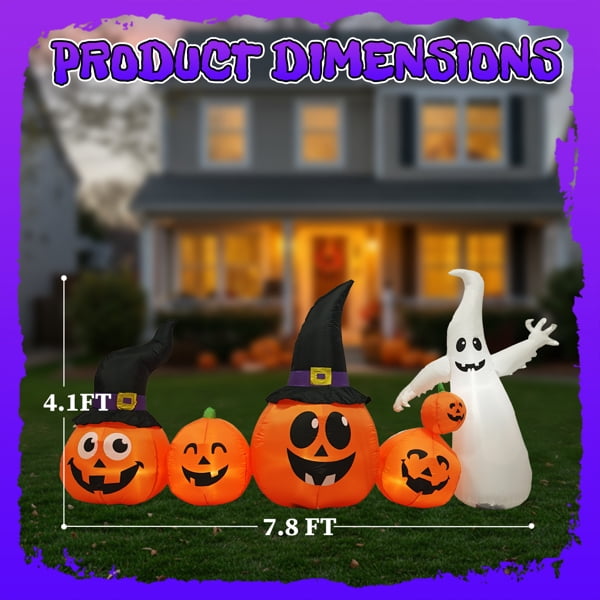 COTINSE 8 FT Halloween Inflatable Pumpkin Ghost Yard Decoration with Built-In LED Lights, Blow Up Outdoor Decor for Lawn, Garden and Party