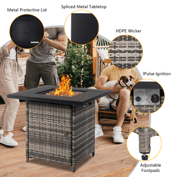 COTINSE 28" Propane Fire Pit Table, 50,000 BTU 2-in-1 Outdoor Gas Fire Table with Metal Lid, Lava Rocks, Pulse Ignition and Wicker Base for Patio Backyard Garden, Gray