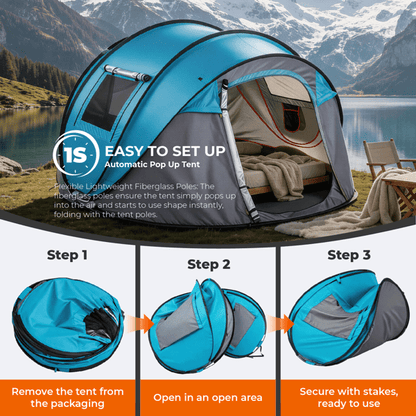 COTINSE Instant Pop Up Camping Tent, 4 Person Waterproof Family Tent with Front Awning, Dual Mesh Doors, Storage Pockets and Carry Bag for Camping, Traveling, Blue