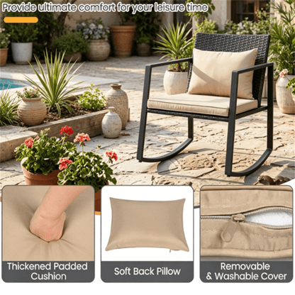 COTINSE 3 Pieces Patio Furniture Set, Outdoor Conversation Set with Coffee Table, PE Wicker Rocking Chairs with Cushions