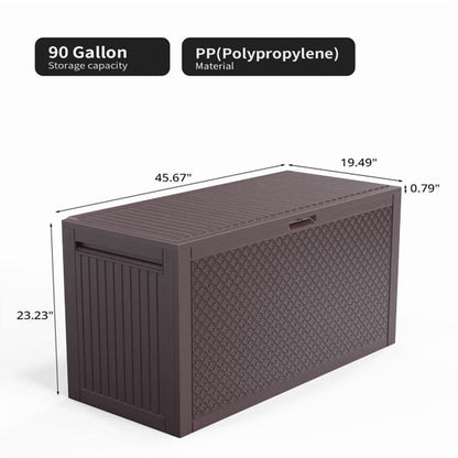 COTINSE 90 Gallon Deck Box, Outdoor Large Storage Box, Waterproof Resin Storage Bench for Patio, Cushions, Gardening Tools, Pool Supplies, Brown