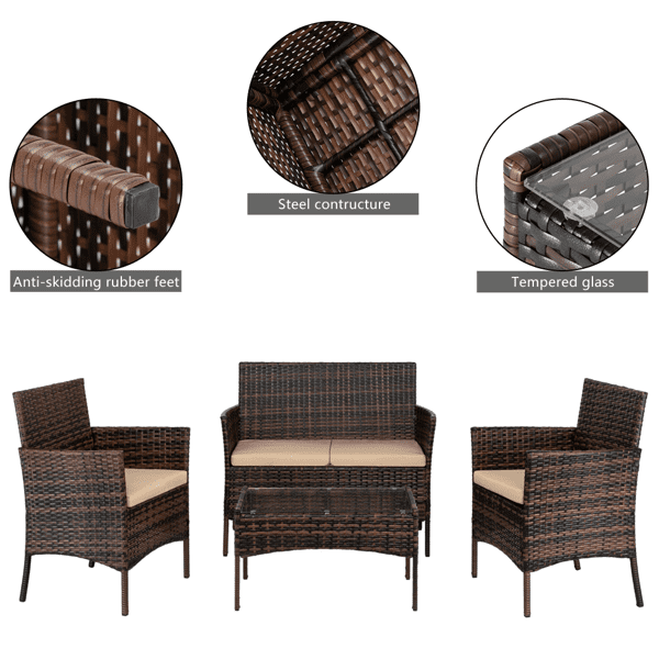 COTINSE 4 Piece Patio Conversation Set, Outdoor PE Rattan Wicker Furniture Set with 2 Armchairs, Loveseat, Tempered Glass Coffee Table & Cushions, Brown