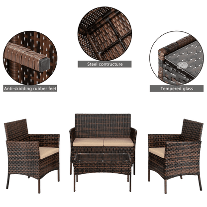 COTINSE 4 Piece Patio Conversation Set, Outdoor PE Rattan Wicker Furniture Set with 2 Armchairs, Loveseat, Tempered Glass Coffee Table & Cushions, Brown