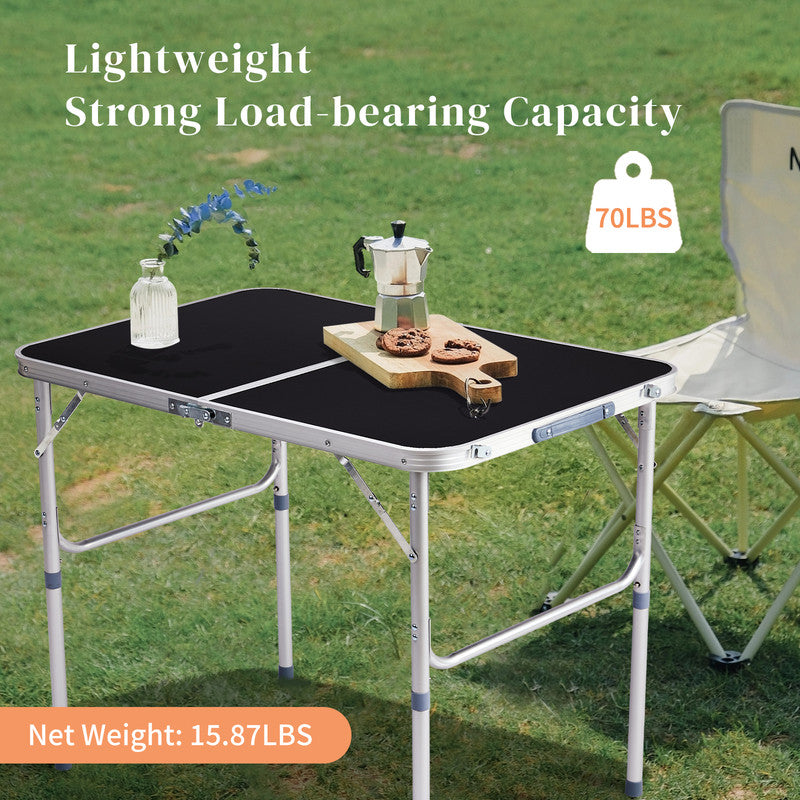COTINSE 3 FT Adjustable Height Aluminum Folding Table with Carry Handle, Portable Camping Picnic Dining Table for Indoor Outdoor Use, Black