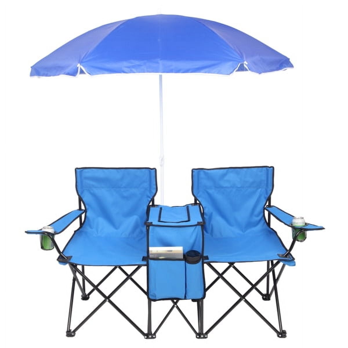 Cotinse Loveseat Chair, Folding Double Outdoor Chair with Removable Sun Umbrella & Carrying Bag, Double Chairs with Cooler Bag for Lawn Fishing Outdoor